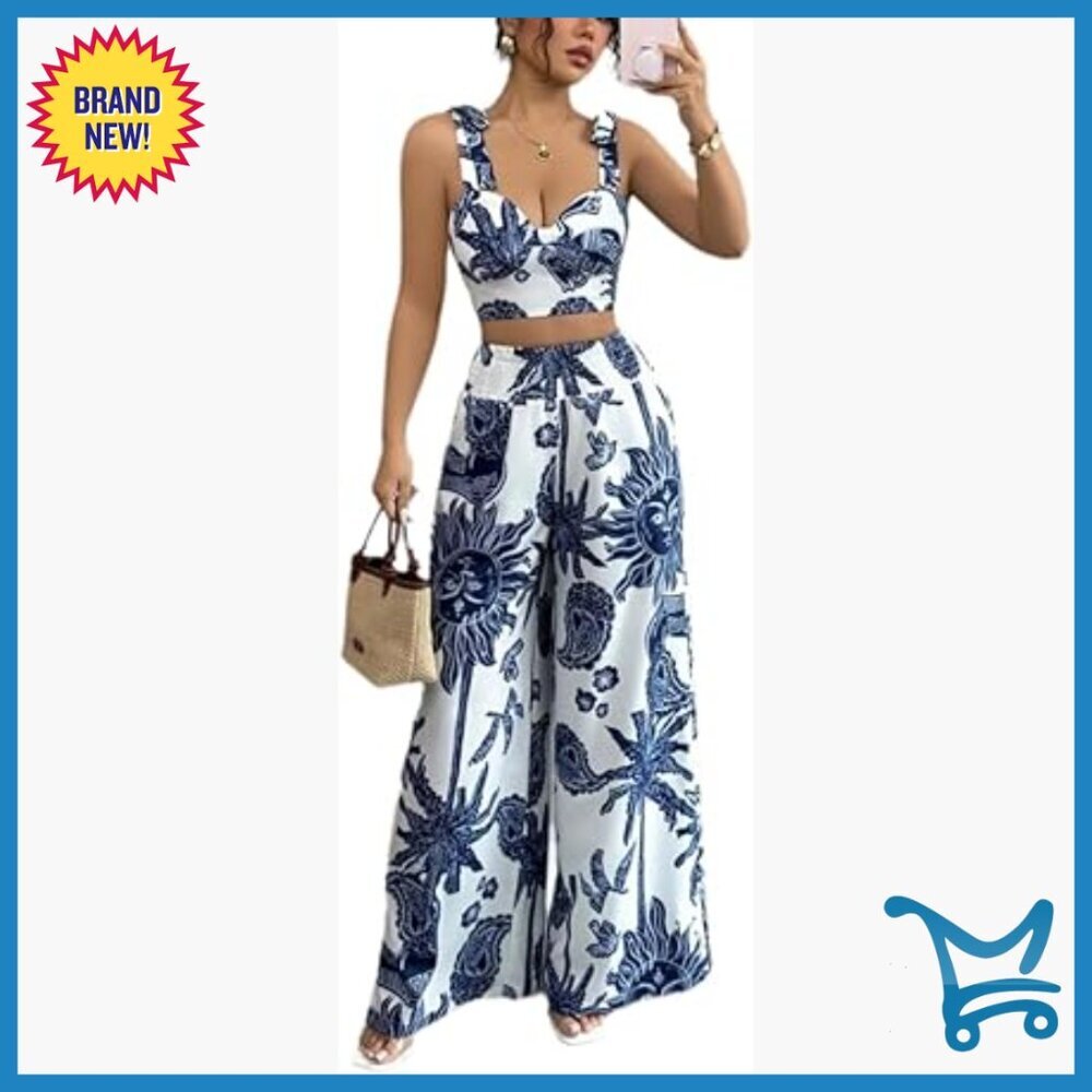 Floral Print Two Piece Set with Cami Top and Wide Leg Pants